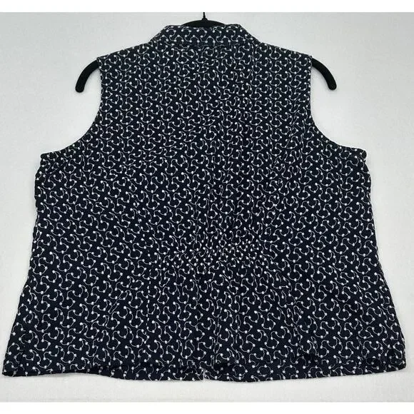 Marsh Landing Petites  Navy w/ White Flowers Button Down Sleeveless Vest PL - Picture 4 of 6